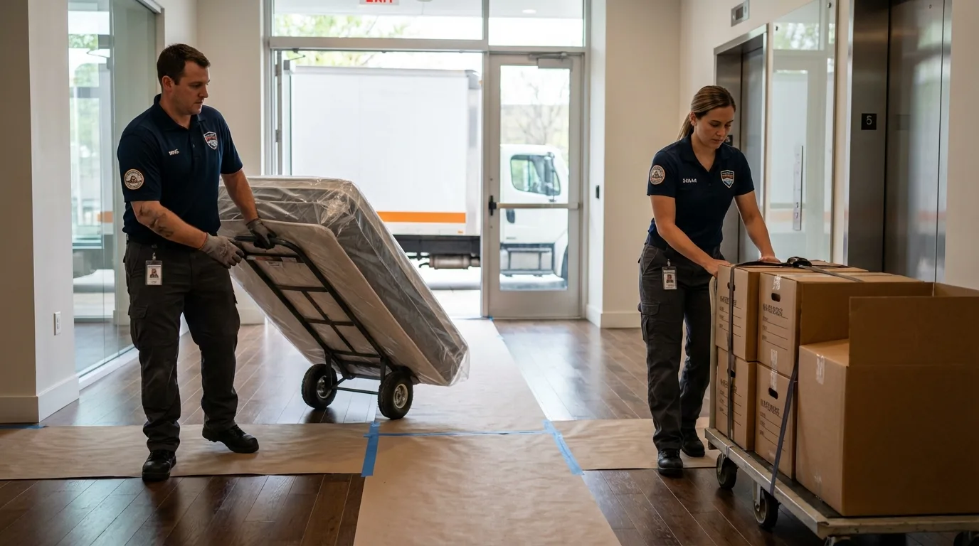 Professional apartment movers loading elevator in Huntington Park, CA