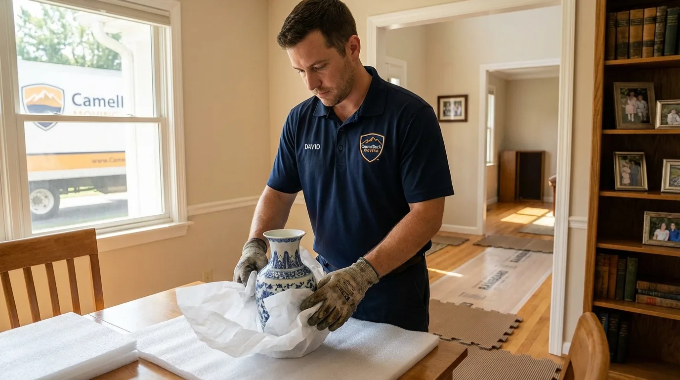 Professional crew carefully wrapping antique vase for senior downsizing move in Huntington Park, CA